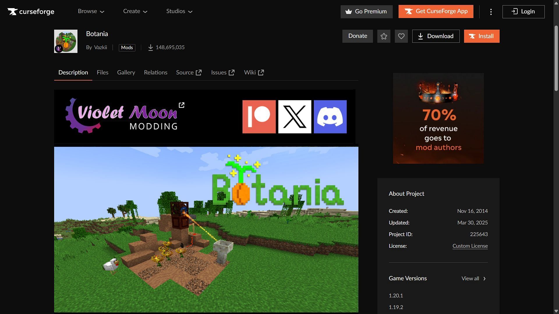 Botania can be downloaded from the CurseForge website (Image via CurseForge/Vazkii)